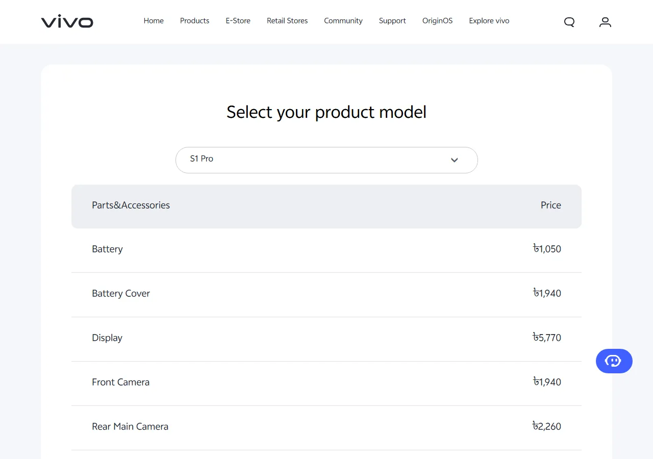 Official spare parts price table showing part names and maximum retail prices for the selected model