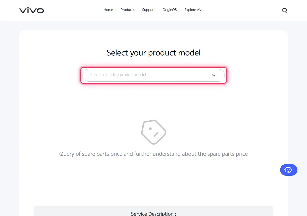 Vivo official spare parts page with the "Please select the product model" dropdown highlighted to show where to tap