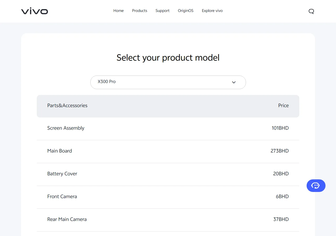 Official spare parts price table showing part names and maximum retail prices for the selected model