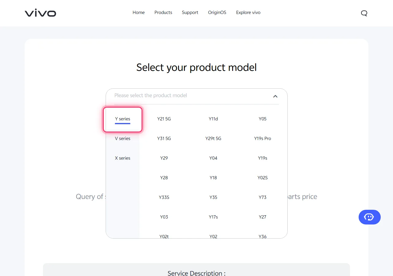 Vivo model picker dropdown open, with the target series highlighted to show where to tap