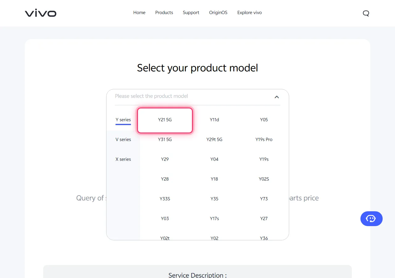 Series selected in the dropdown, with the target model highlighted to show where to tap