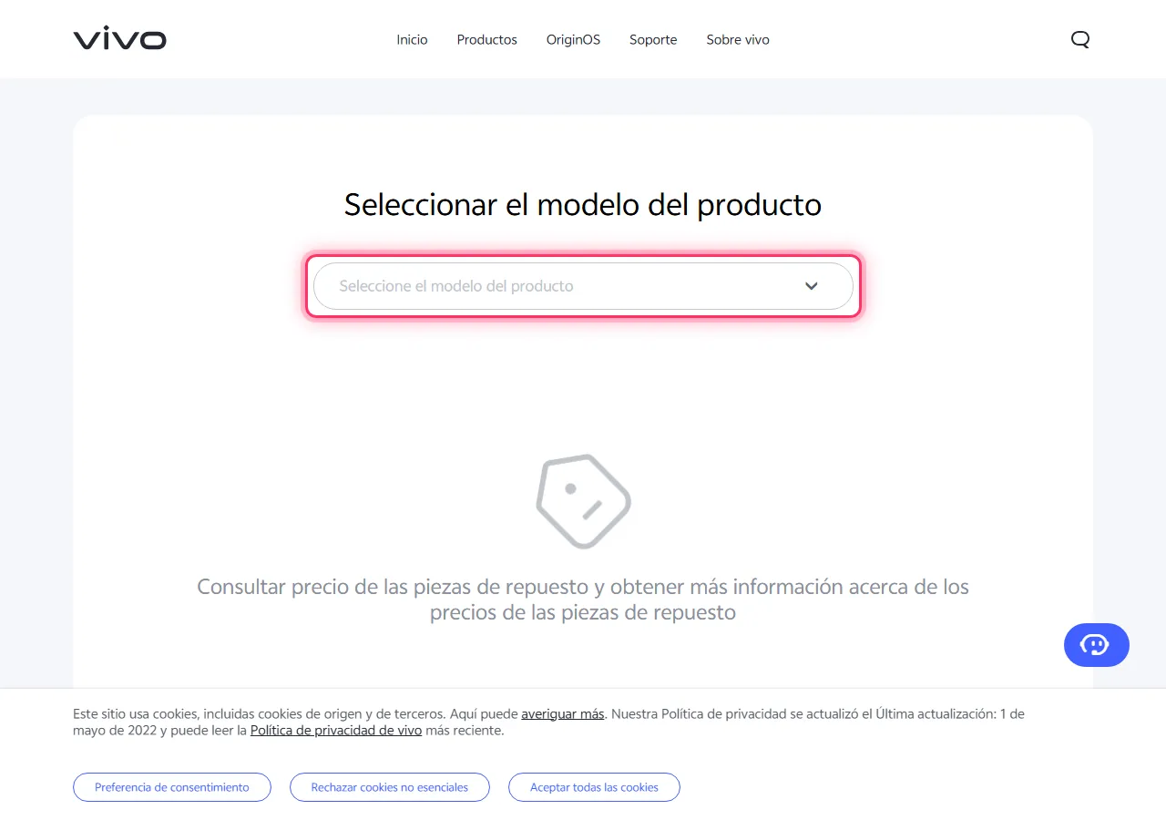 Vivo official spare parts page with the "Please select the product model" dropdown highlighted to show where to tap