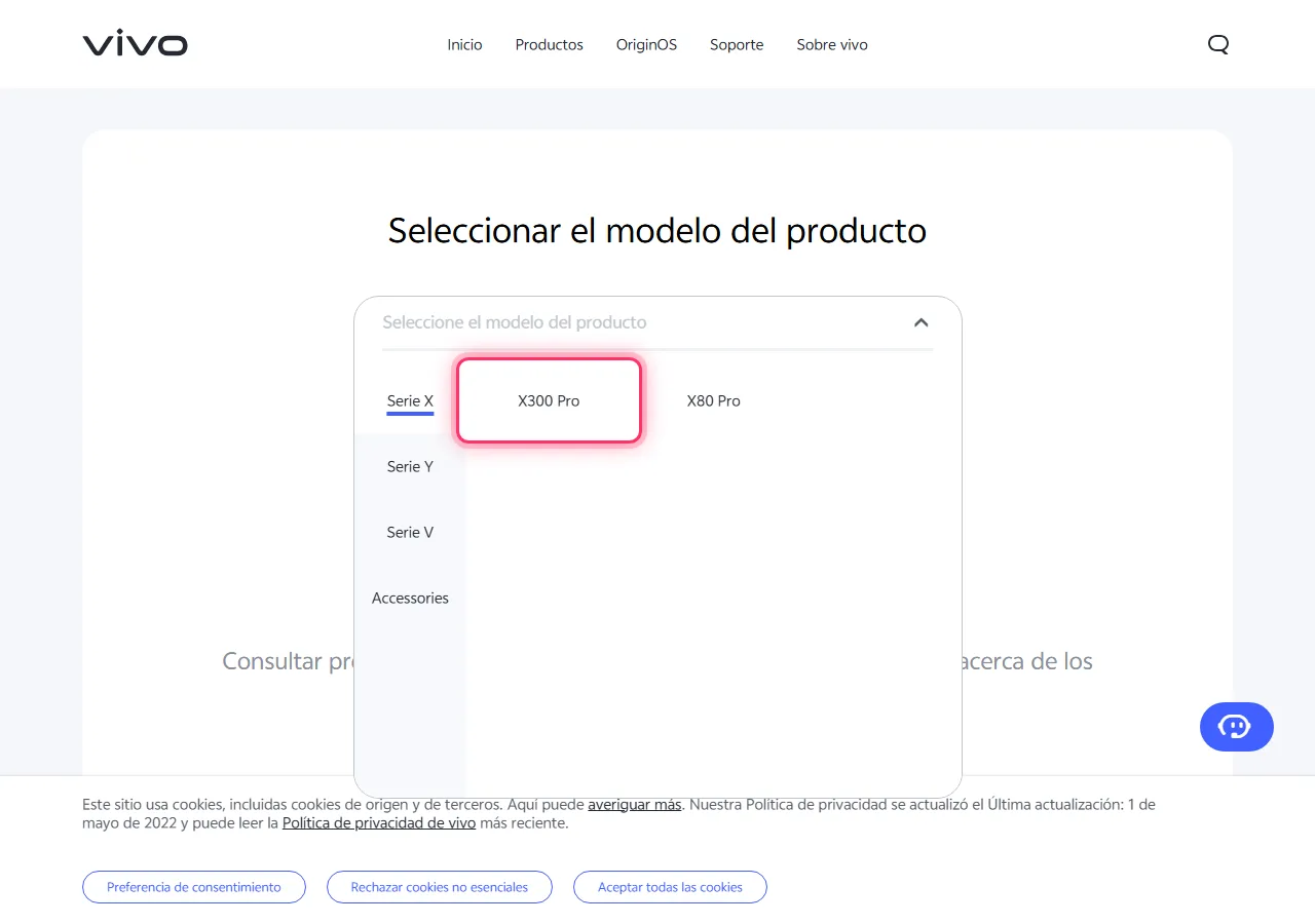 Series selected in the dropdown, with the target model highlighted to show where to tap