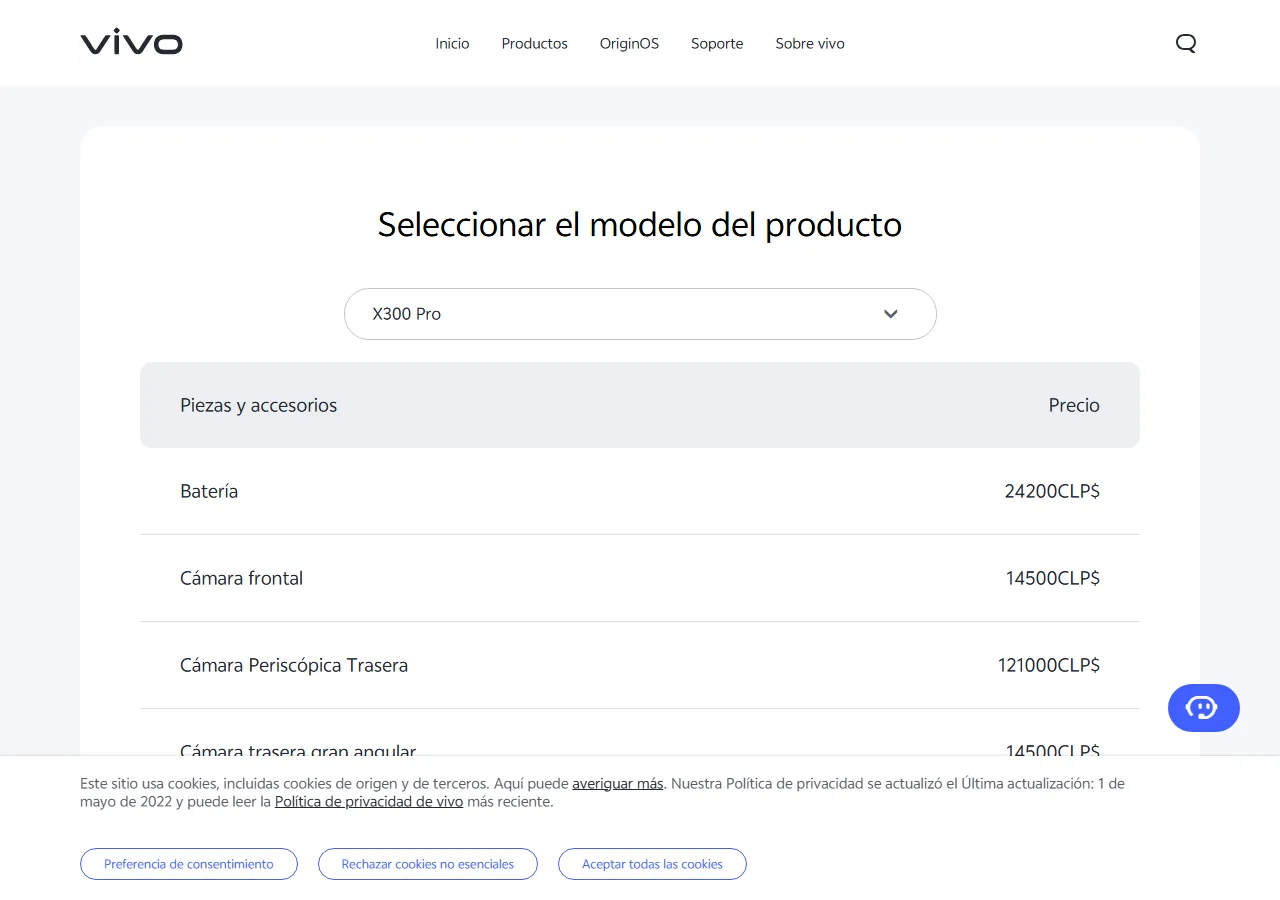 Official spare parts price table showing part names and maximum retail prices for the selected model