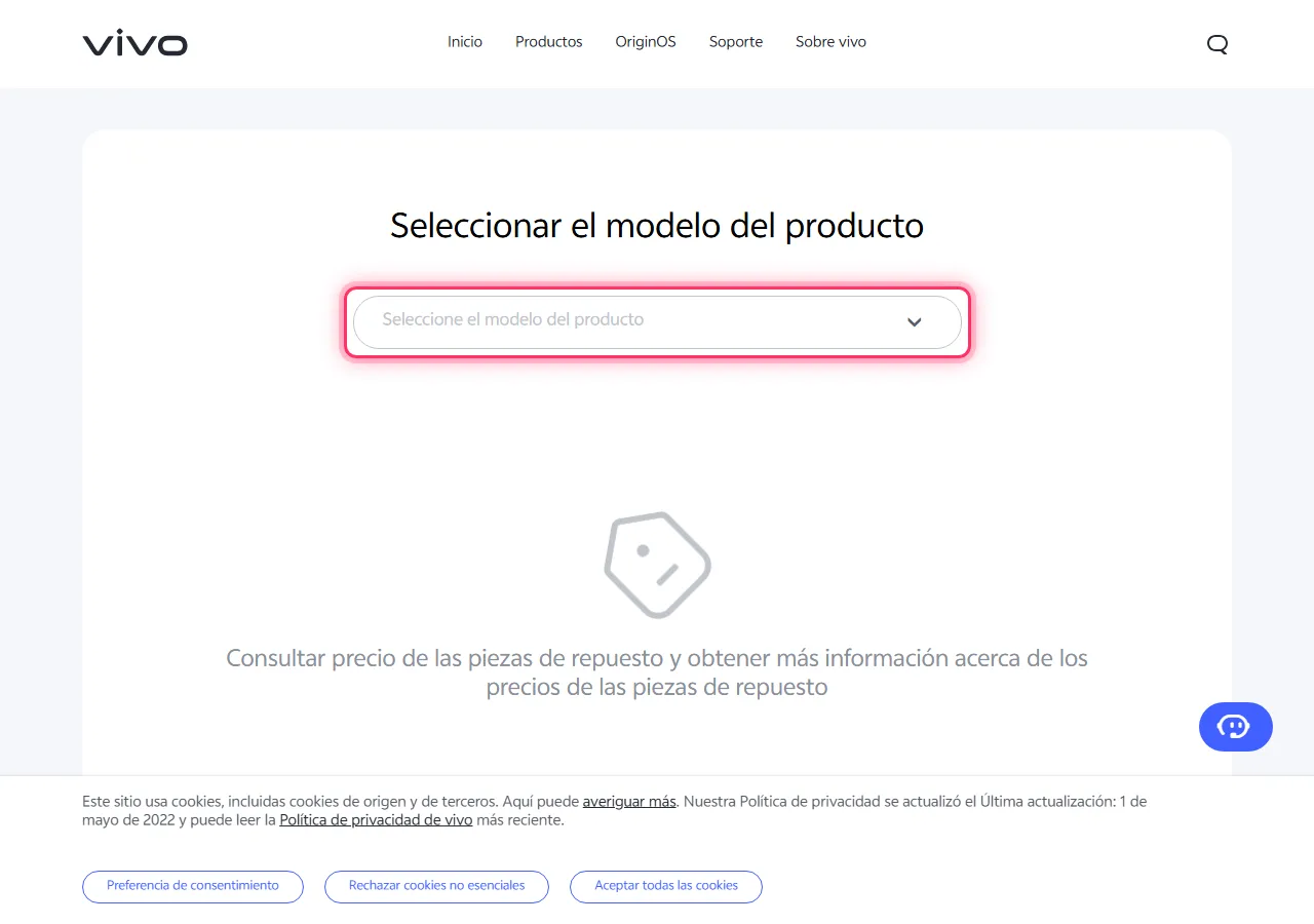 Vivo official spare parts page with the "Please select the product model" dropdown highlighted to show where to tap