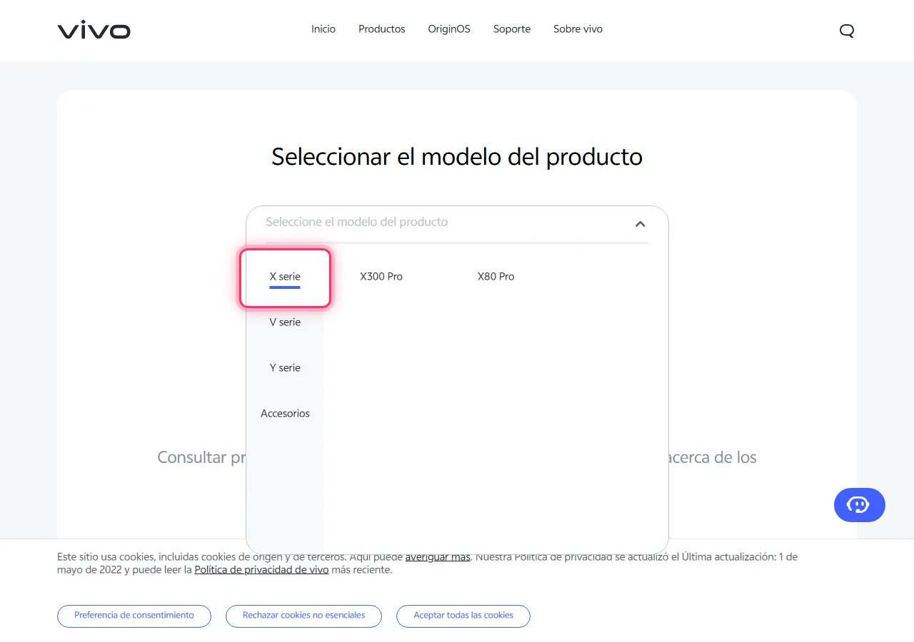 Vivo model picker dropdown open, with the target series highlighted to show where to tap