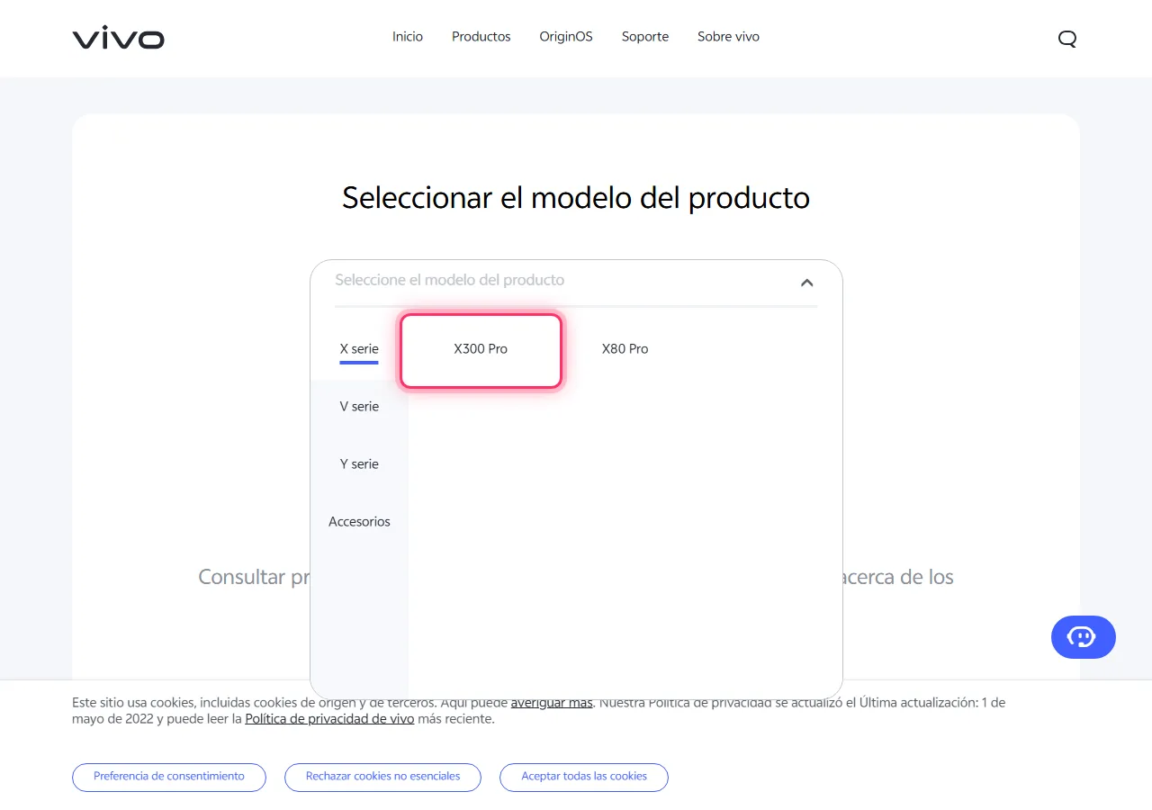 Series selected in the dropdown, with the target model highlighted to show where to tap