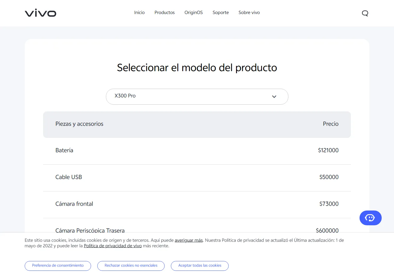 Official spare parts price table showing part names and maximum retail prices for the selected model