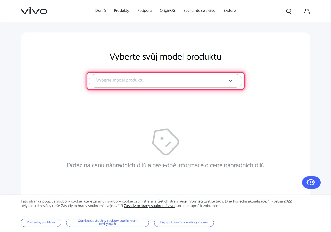 Vivo official spare parts page with the "Please select the product model" dropdown highlighted to show where to tap
