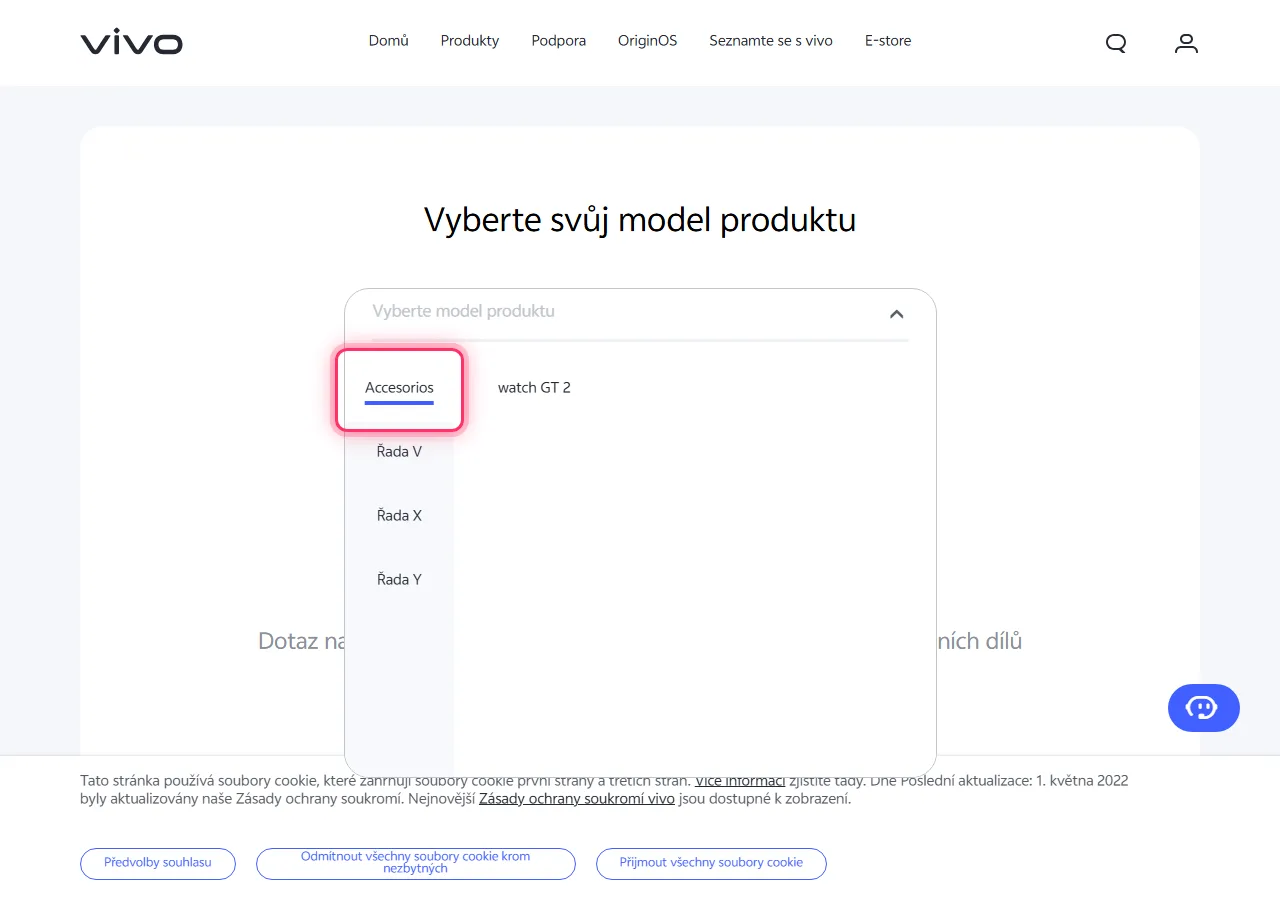Vivo model picker dropdown open, with the target series highlighted to show where to tap