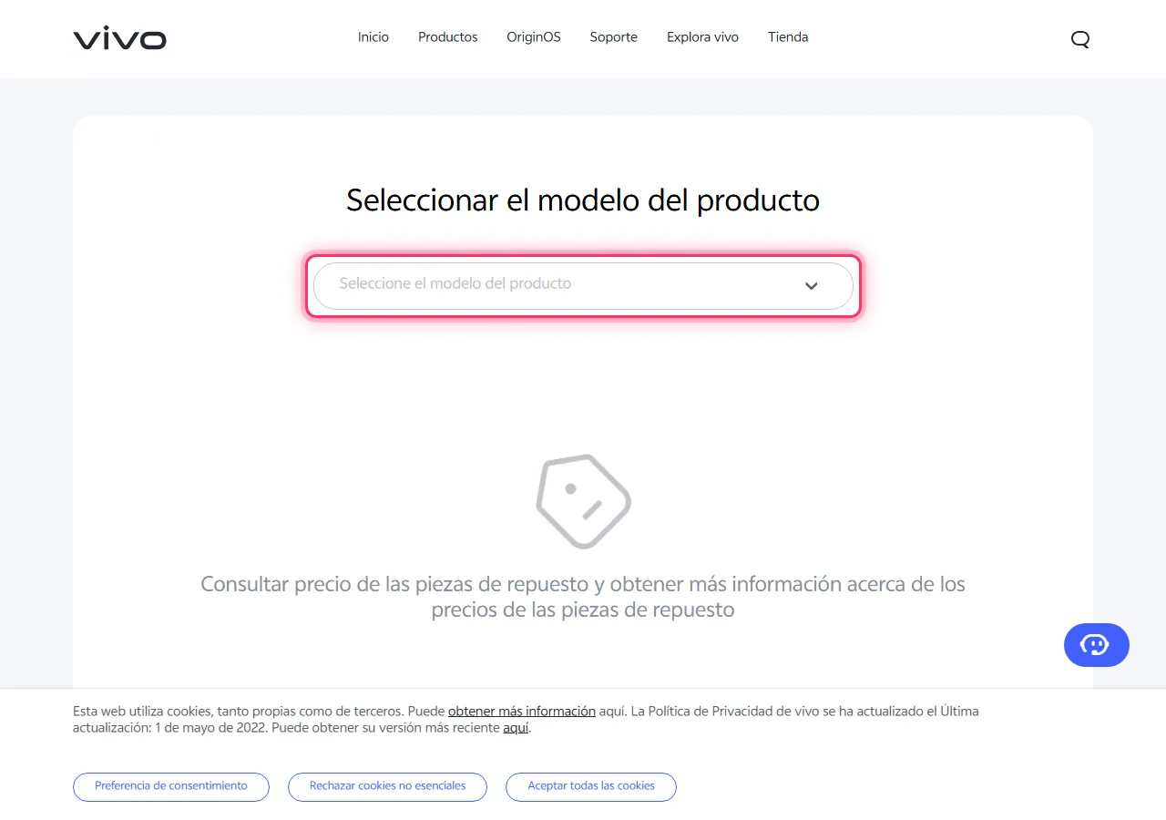 Vivo official spare parts page with the "Please select the product model" dropdown highlighted to show where to tap