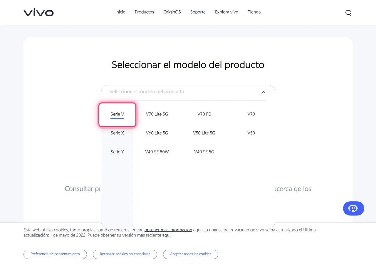 Vivo model picker dropdown open, with the target series highlighted to show where to tap