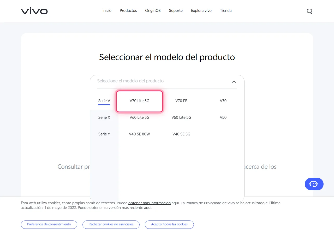 Series selected in the dropdown, with the target model highlighted to show where to tap