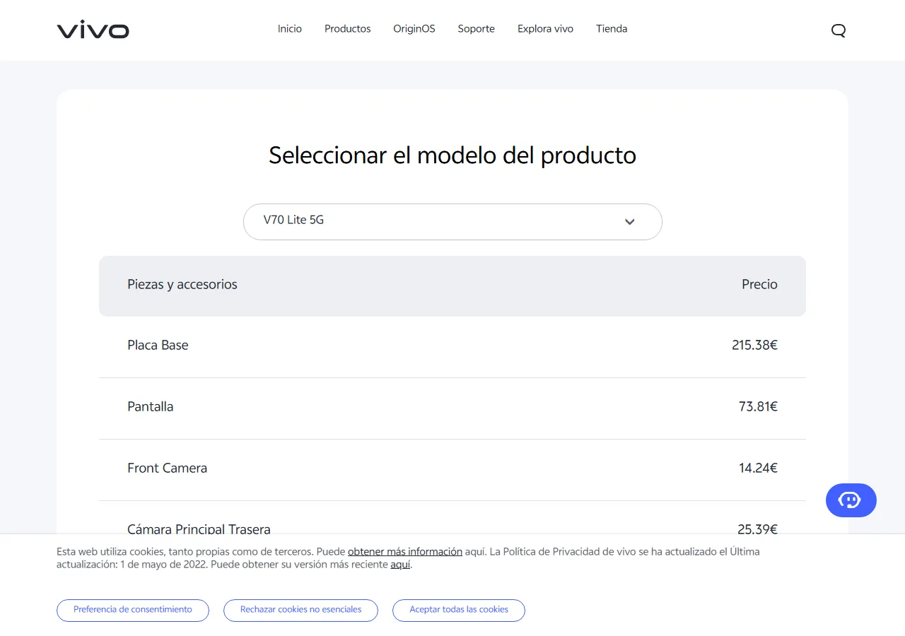 Official spare parts price table showing part names and maximum retail prices for the selected model