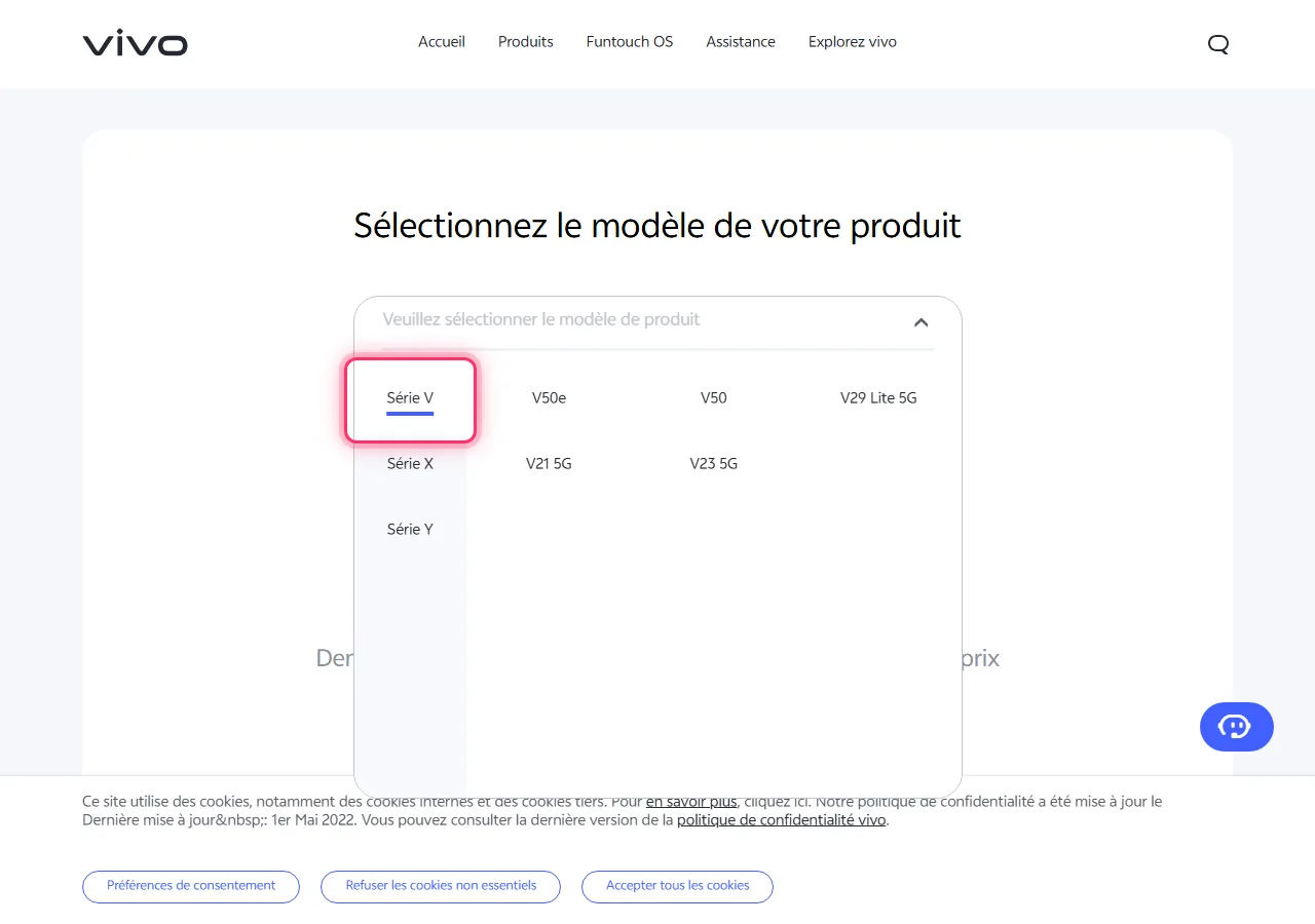 Vivo model picker dropdown open, with the target series highlighted to show where to tap