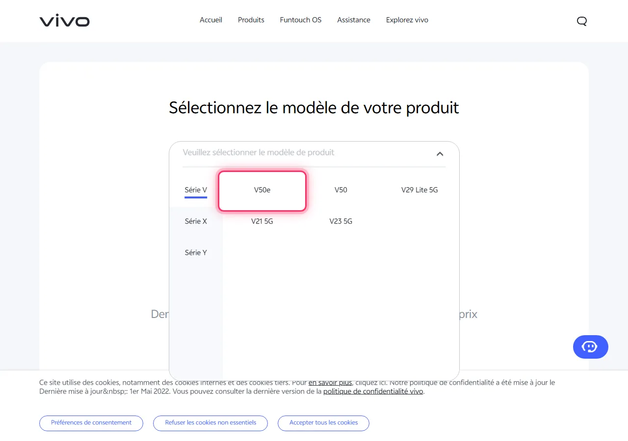 Series selected in the dropdown, with the target model highlighted to show where to tap