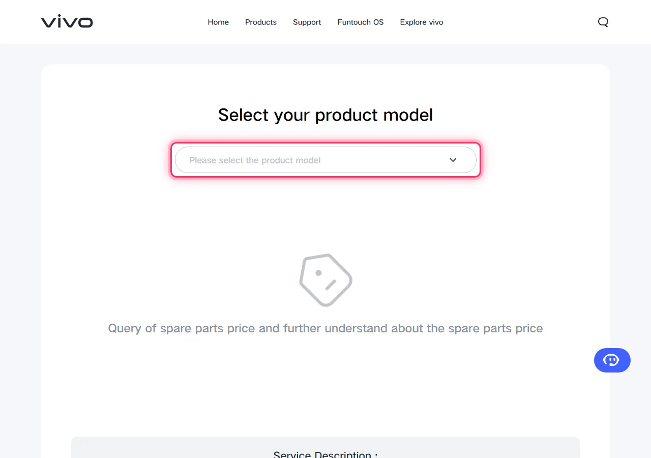 Vivo official spare parts page with the "Please select the product model" dropdown highlighted to show where to tap