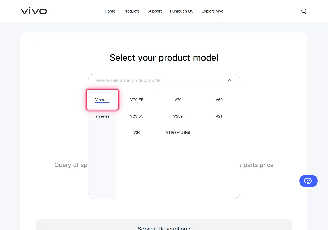 Vivo model picker dropdown open, with the target series highlighted to show where to tap