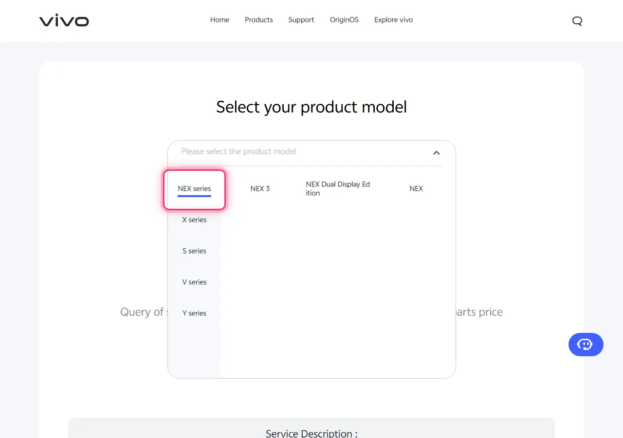 Vivo model picker dropdown open, with the target series highlighted to show where to tap