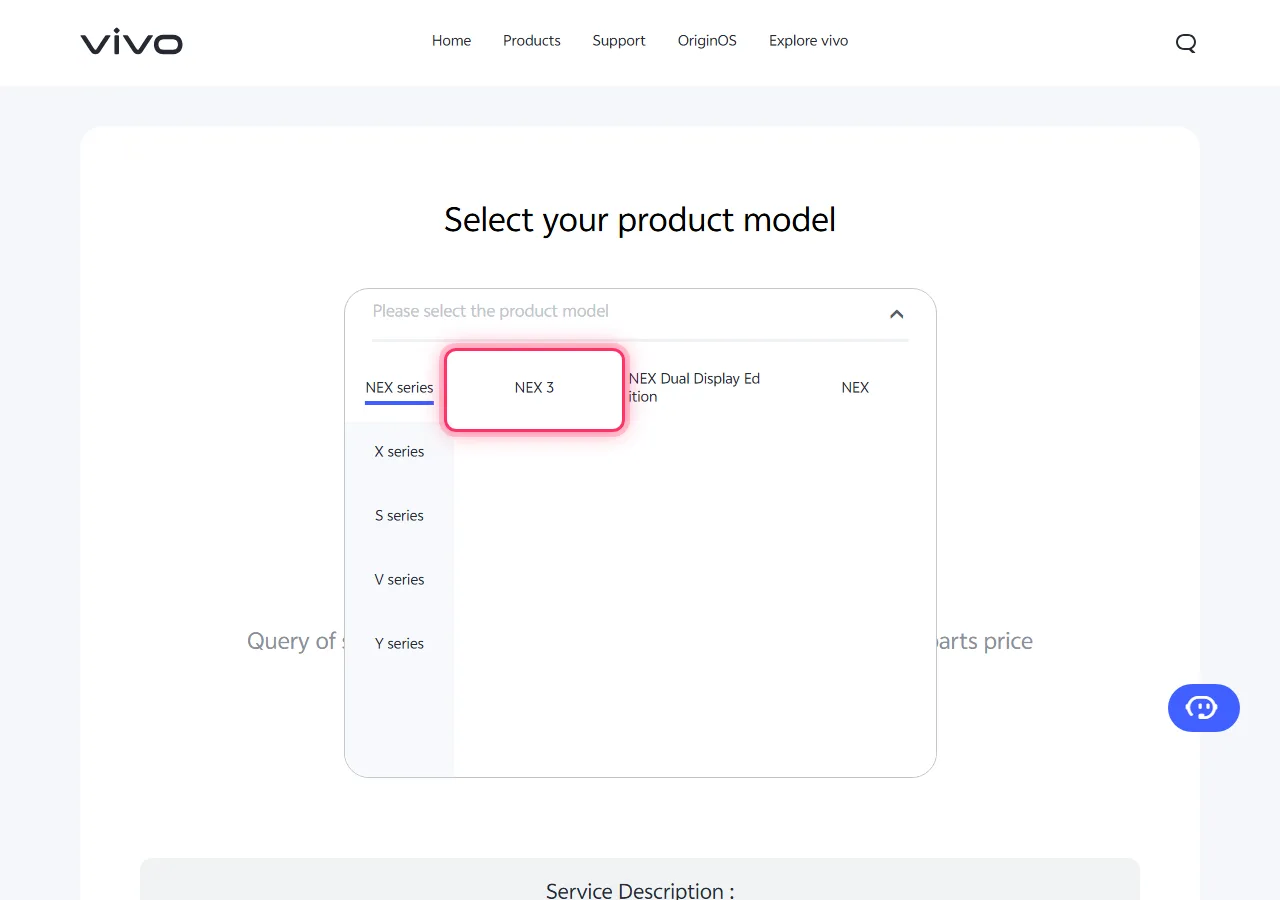 Series selected in the dropdown, with the target model highlighted to show where to tap