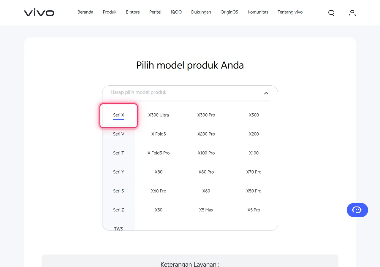 Vivo model picker dropdown open, with the target series highlighted to show where to tap