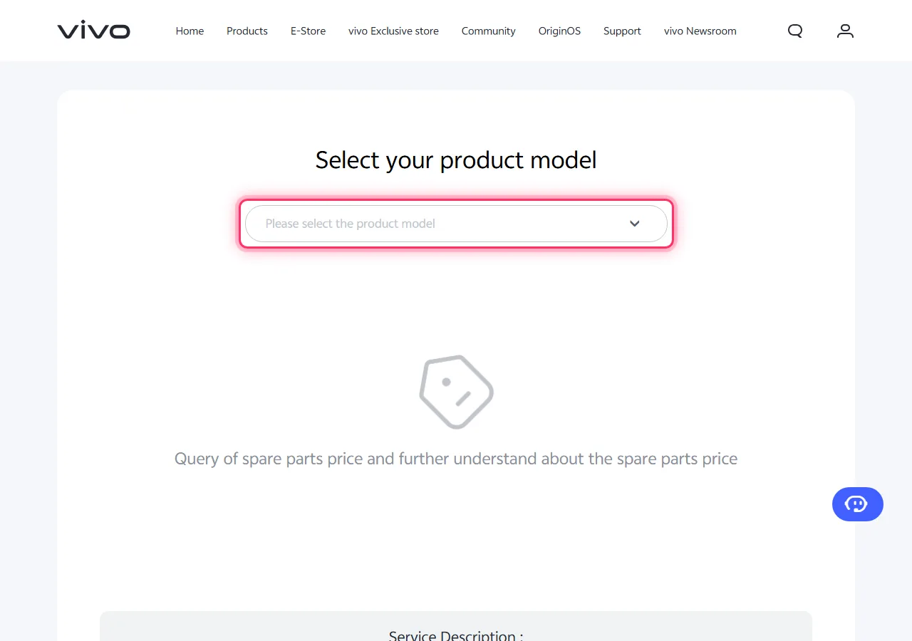Vivo official spare parts page with the "Please select the product model" dropdown highlighted to show where to tap