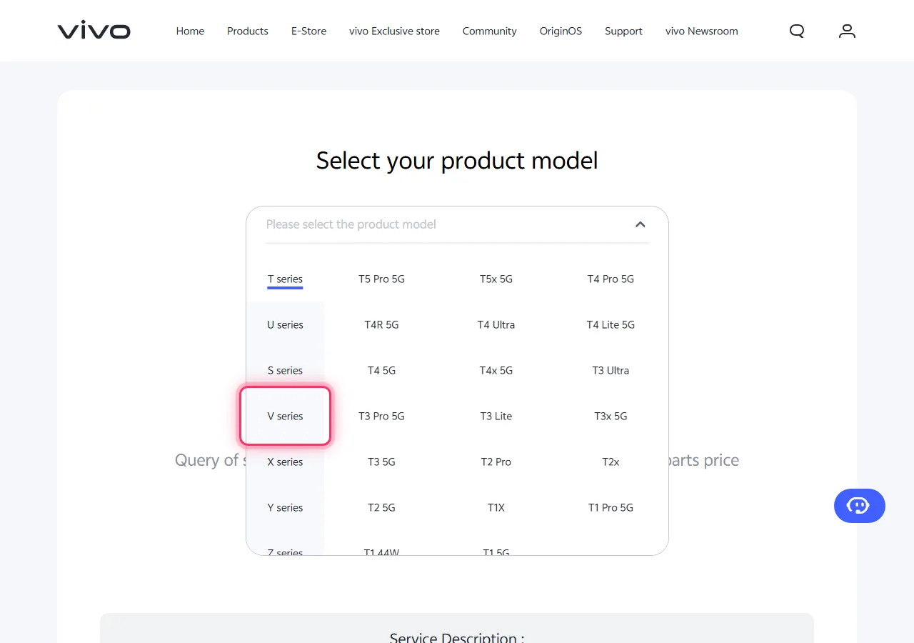 Vivo model picker dropdown open, with the target series highlighted to show where to tap