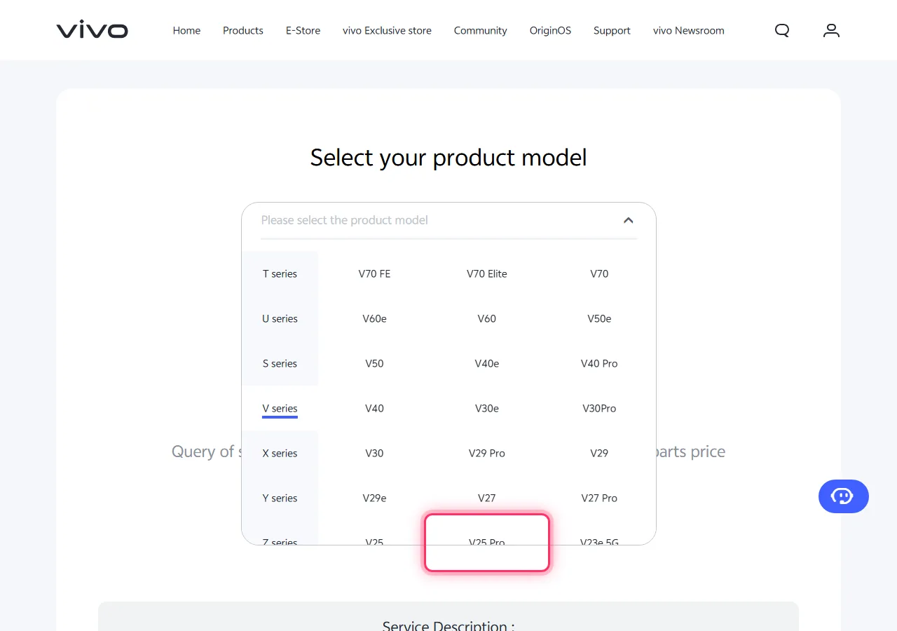 Series selected in the dropdown, with the target model highlighted to show where to tap