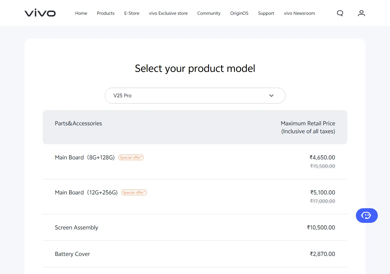 Official spare parts price table showing part names and maximum retail prices for the selected model