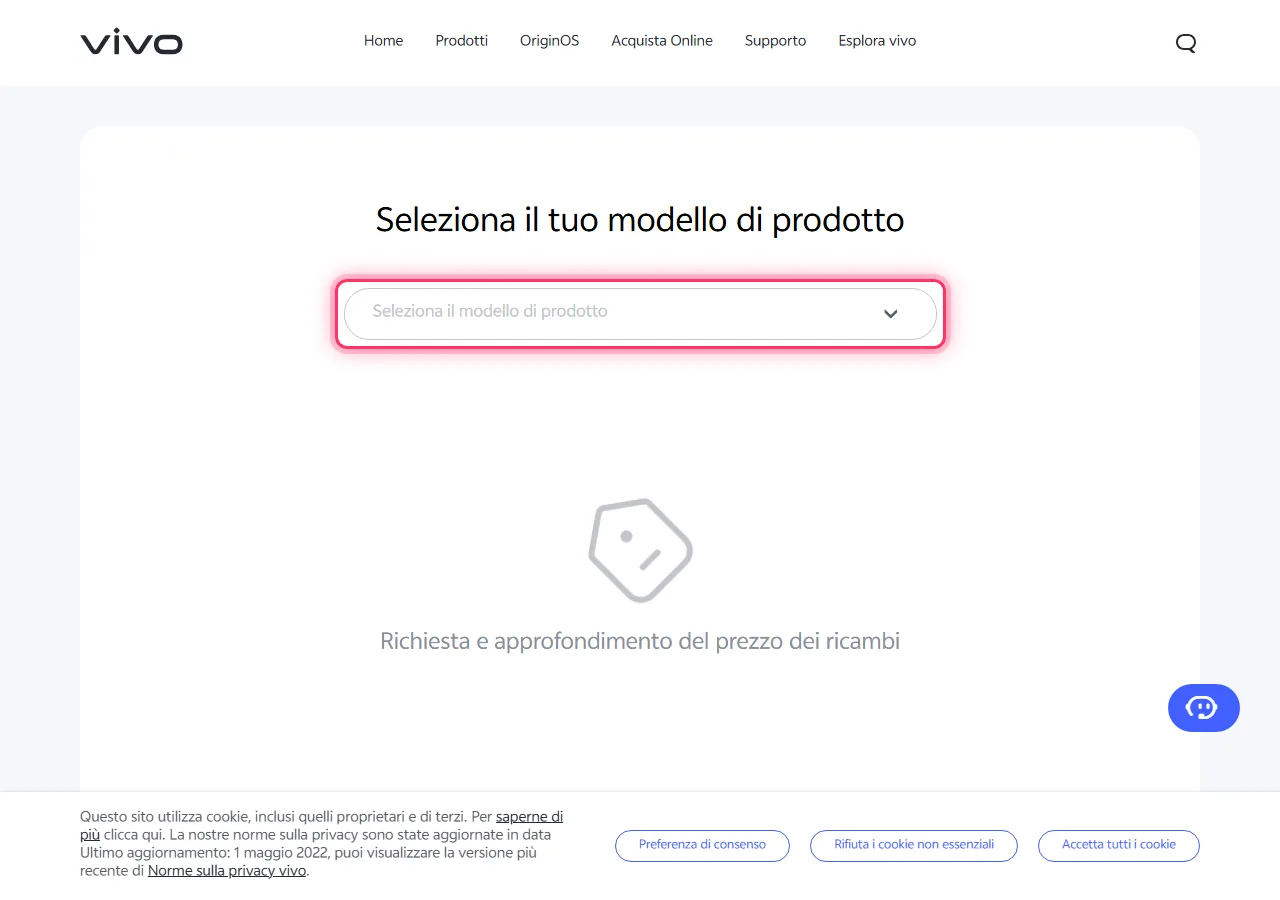 Vivo official spare parts page with the "Please select the product model" dropdown highlighted to show where to tap