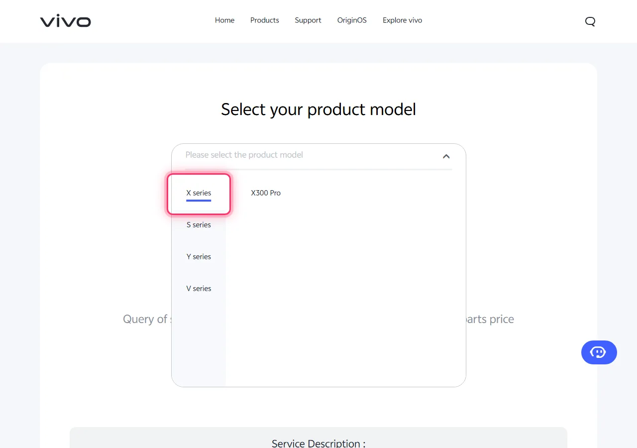 Vivo model picker dropdown open, with the target series highlighted to show where to tap