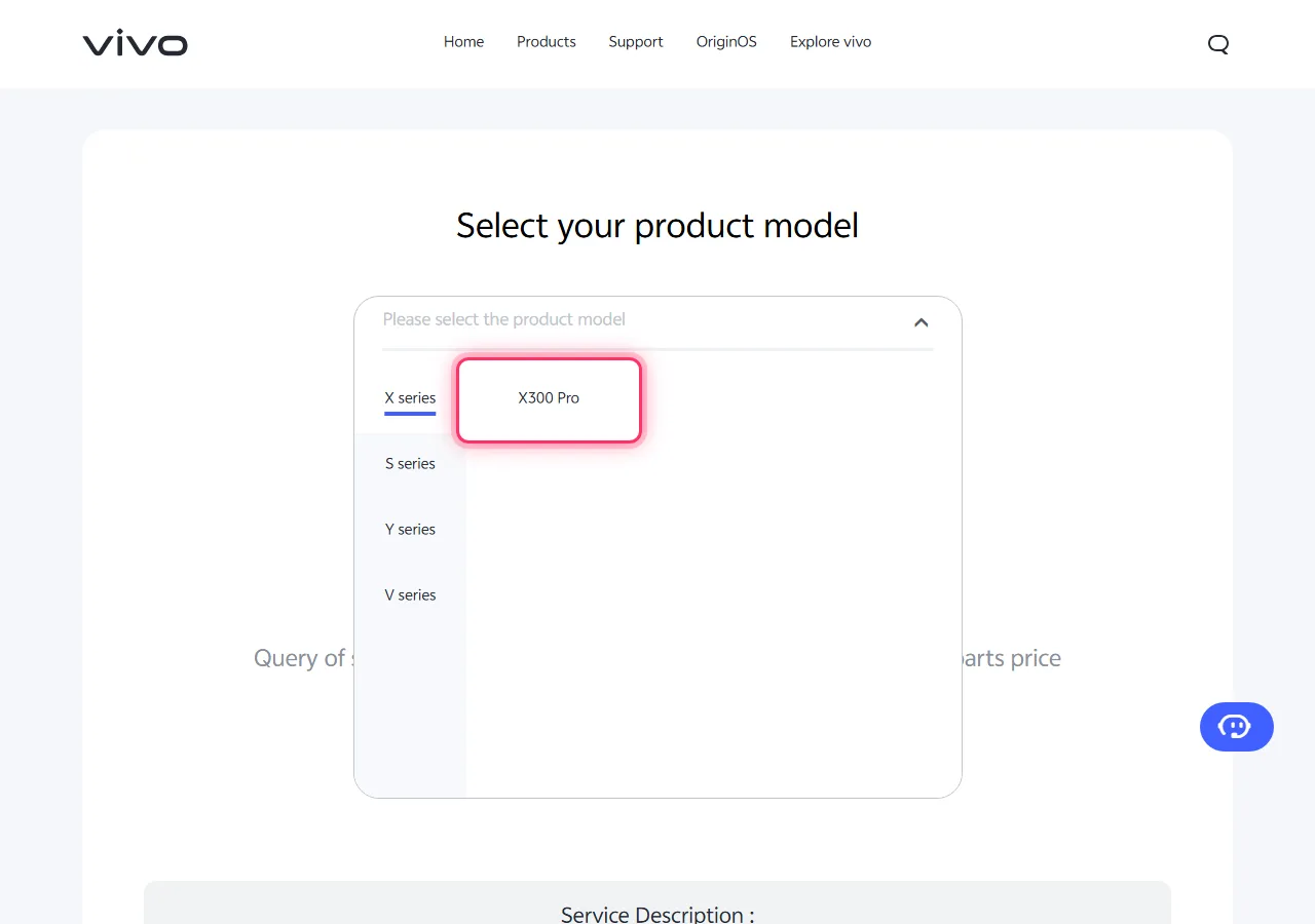 Series selected in the dropdown, with the target model highlighted to show where to tap