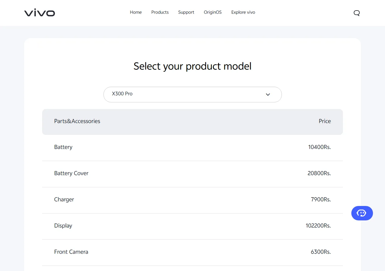 Official spare parts price table showing part names and maximum retail prices for the selected model