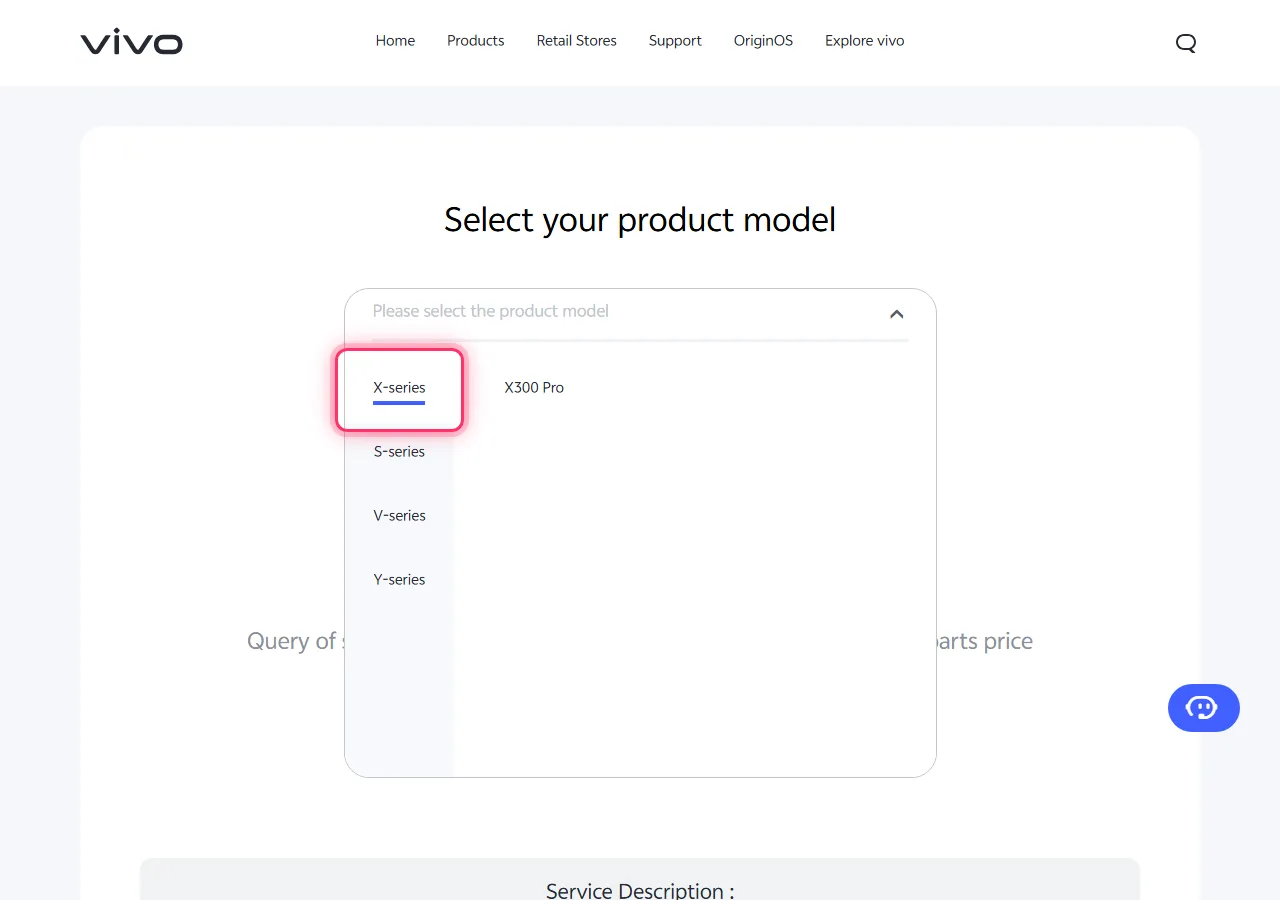 Vivo model picker dropdown open, with the target series highlighted to show where to tap