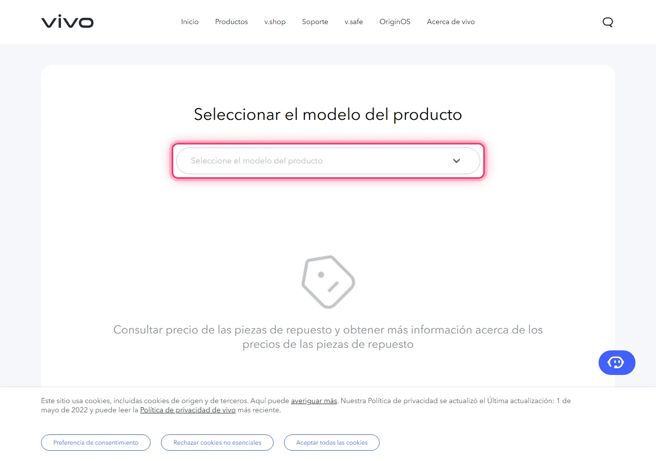 Vivo official spare parts page with the "Please select the product model" dropdown highlighted to show where to tap