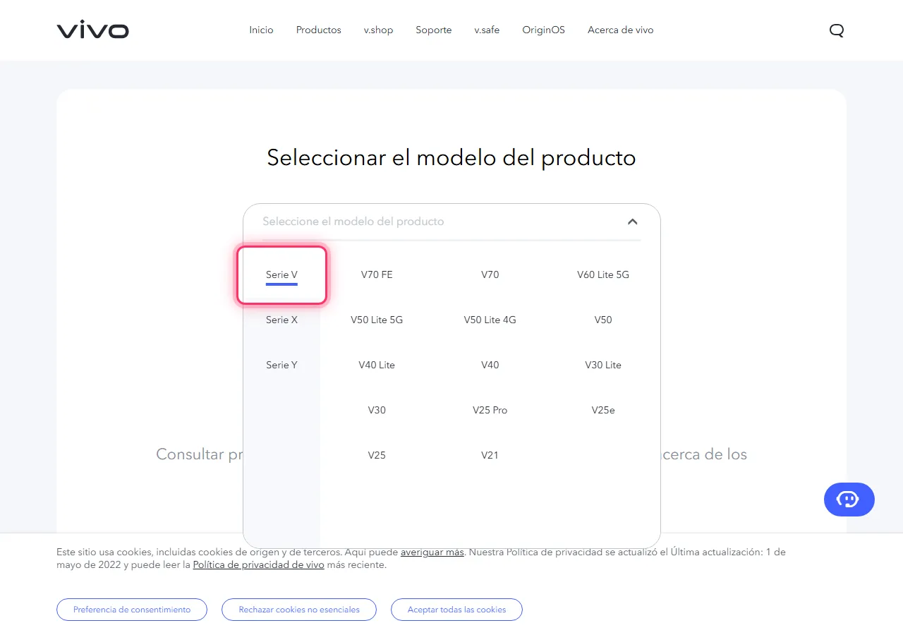Vivo model picker dropdown open, with the target series highlighted to show where to tap