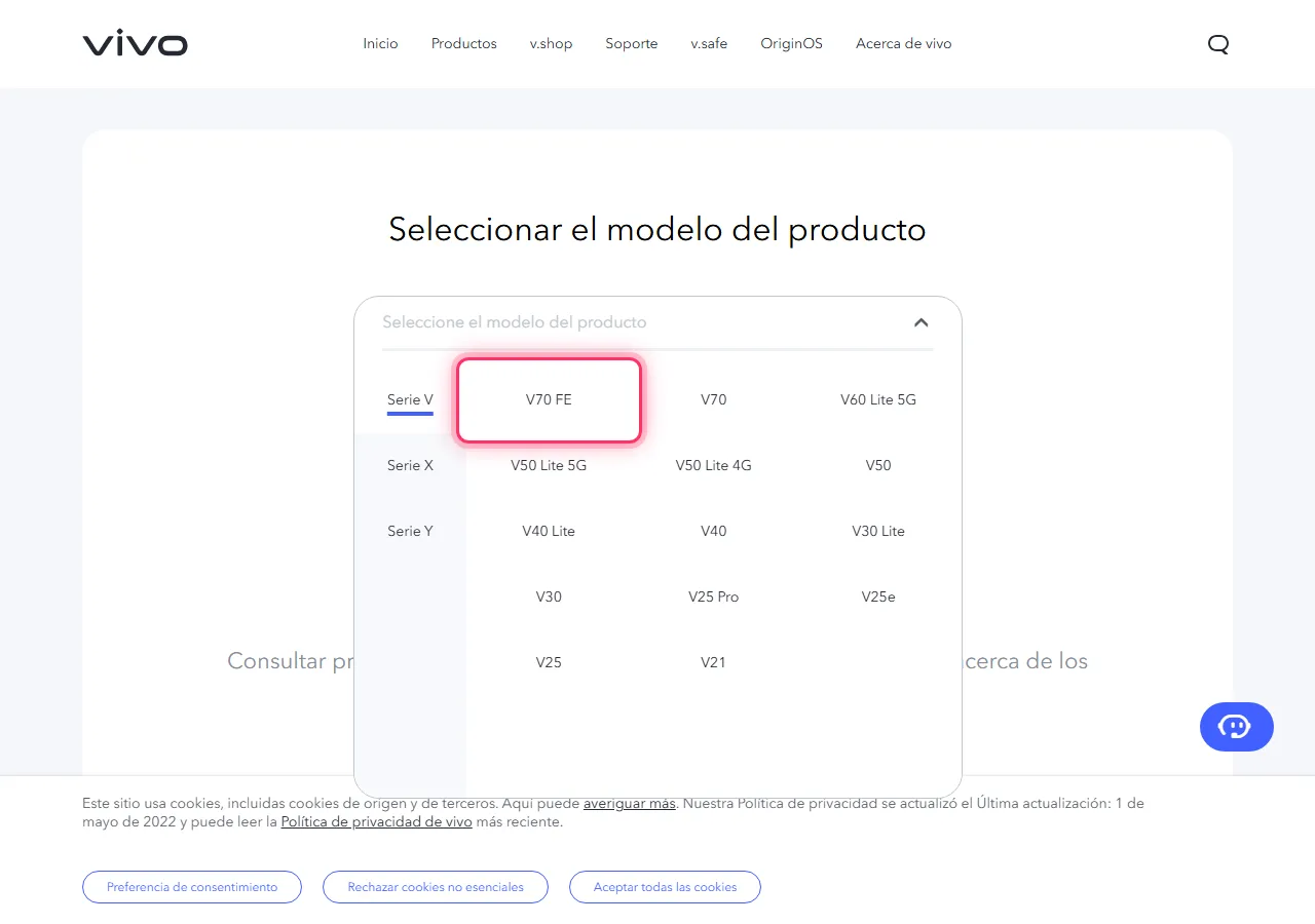 Series selected in the dropdown, with the target model highlighted to show where to tap