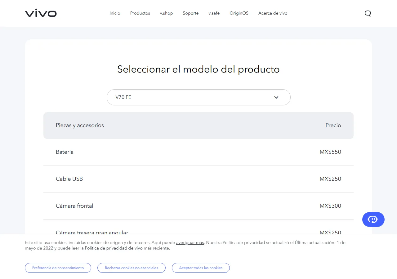 Official spare parts price table showing part names and maximum retail prices for the selected model