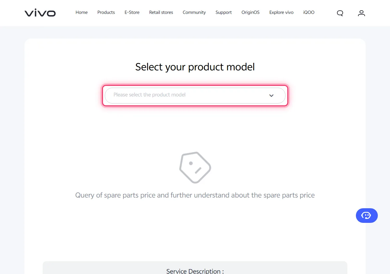 Vivo official spare parts page with the "Please select the product model" dropdown highlighted to show where to tap