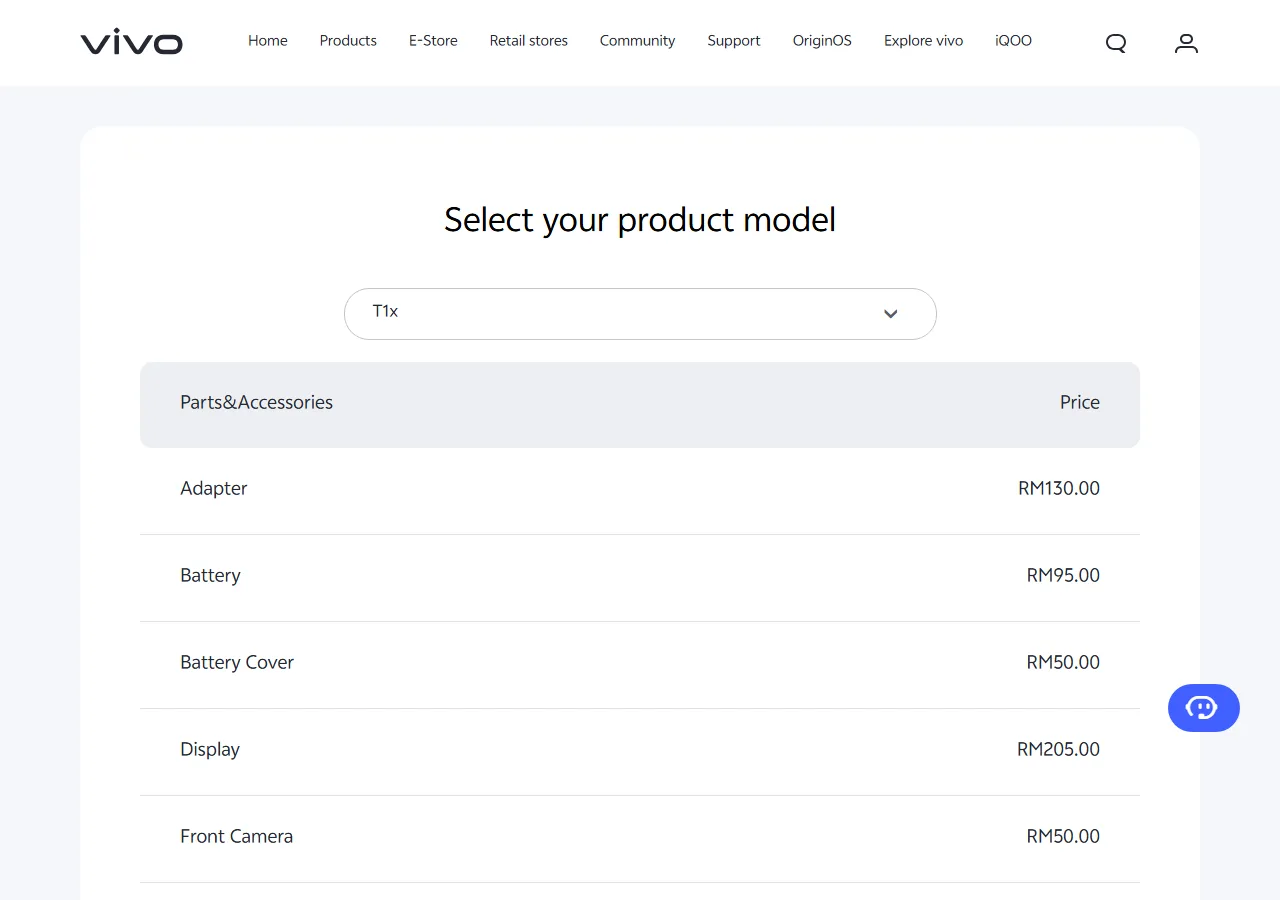 Official spare parts price table showing part names and maximum retail prices for the selected model