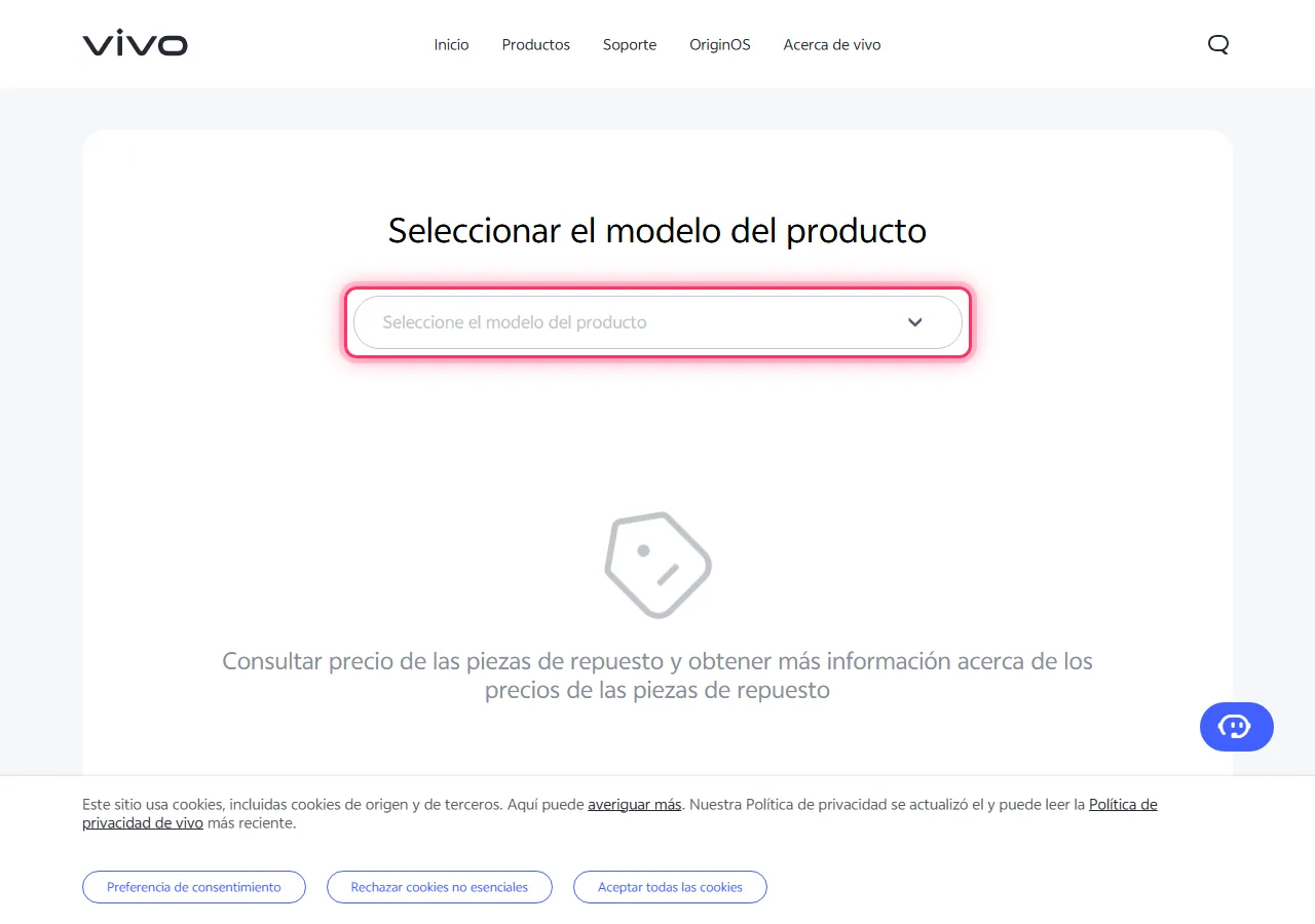 Vivo official spare parts page with the "Please select the product model" dropdown highlighted to show where to tap