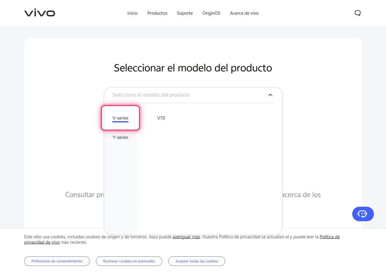 Vivo model picker dropdown open, with the target series highlighted to show where to tap