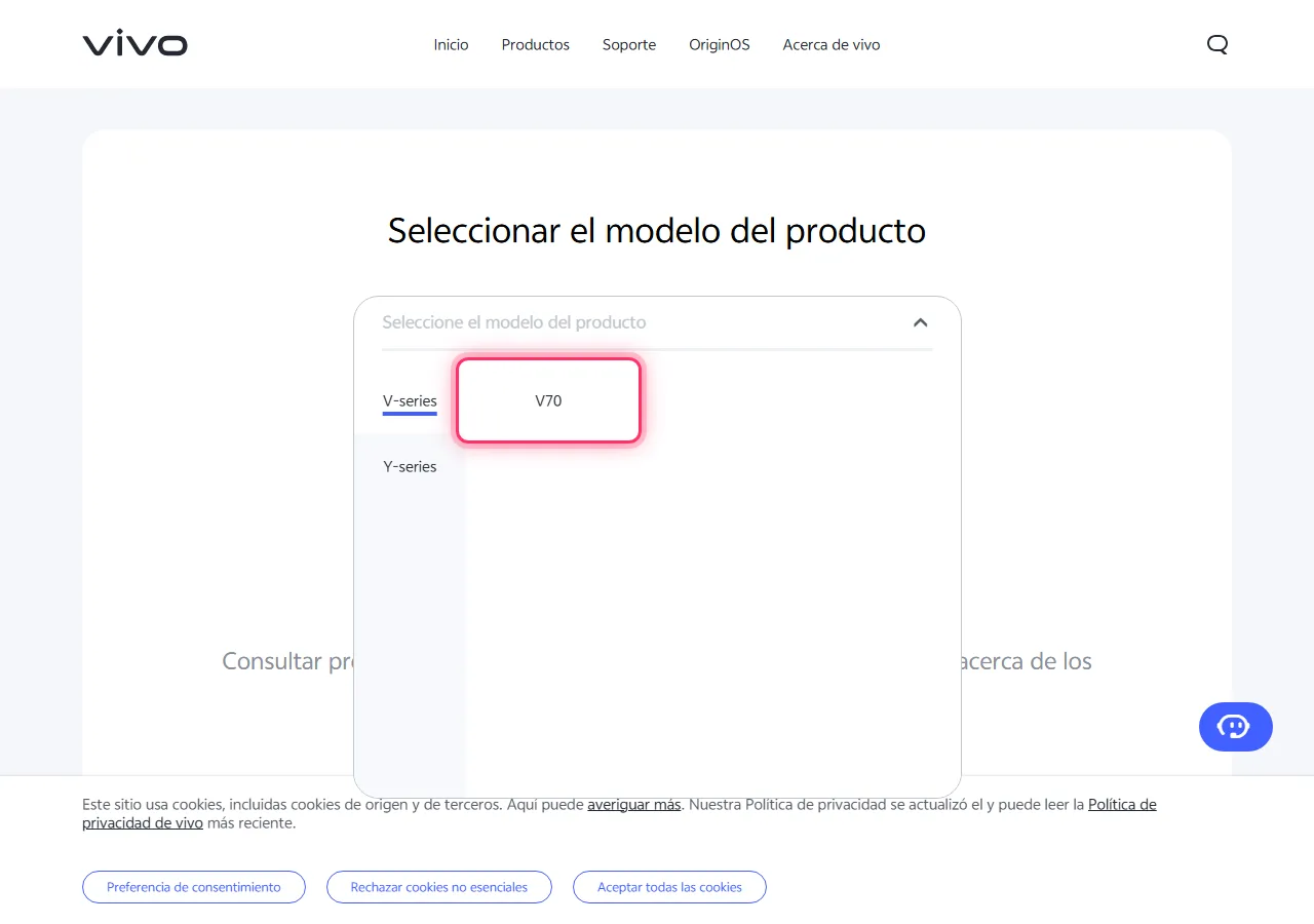 Series selected in the dropdown, with the target model highlighted to show where to tap