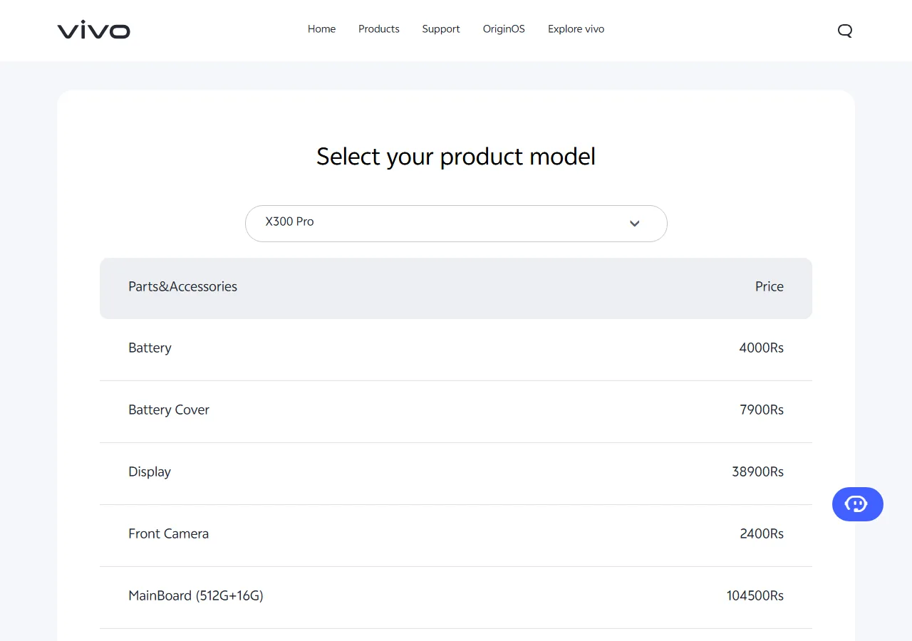 Official spare parts price table showing part names and maximum retail prices for the selected model