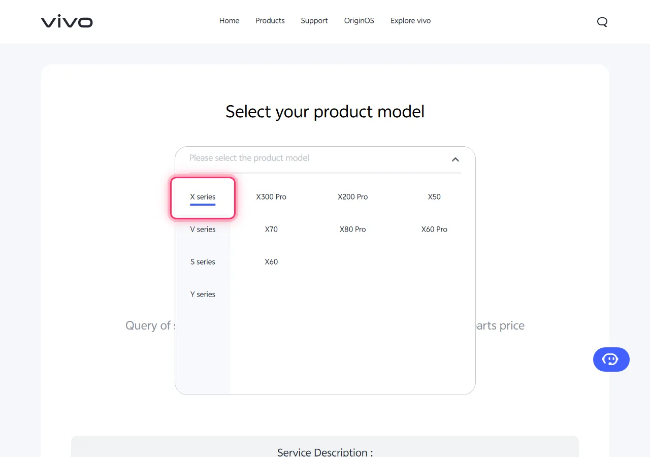 Vivo model picker dropdown open, with the target series highlighted to show where to tap