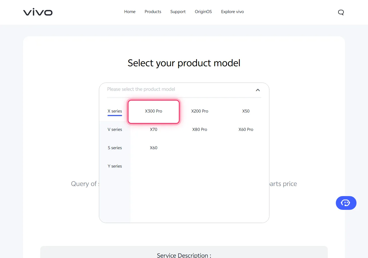 Series selected in the dropdown, with the target model highlighted to show where to tap
