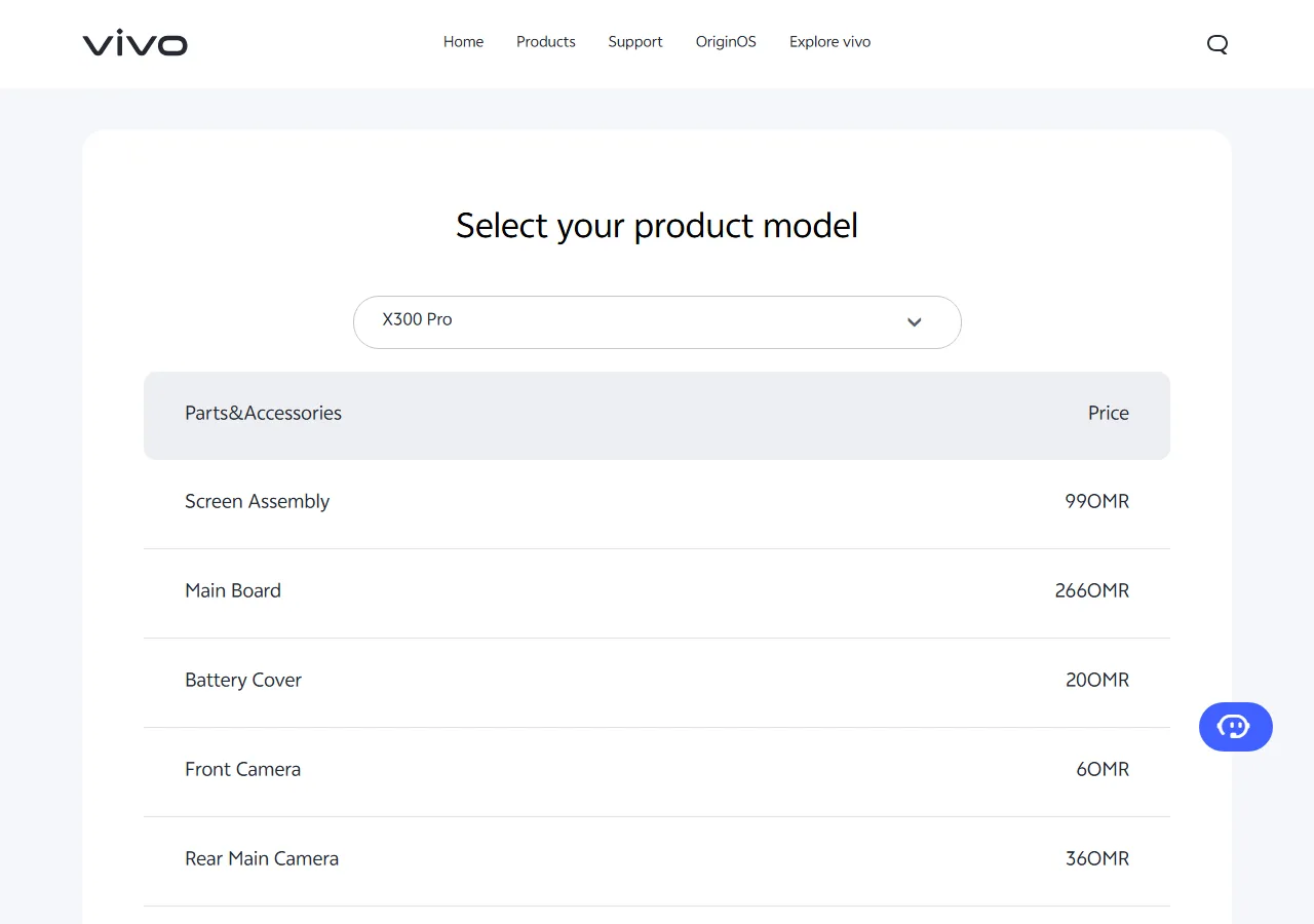 Official spare parts price table showing part names and maximum retail prices for the selected model