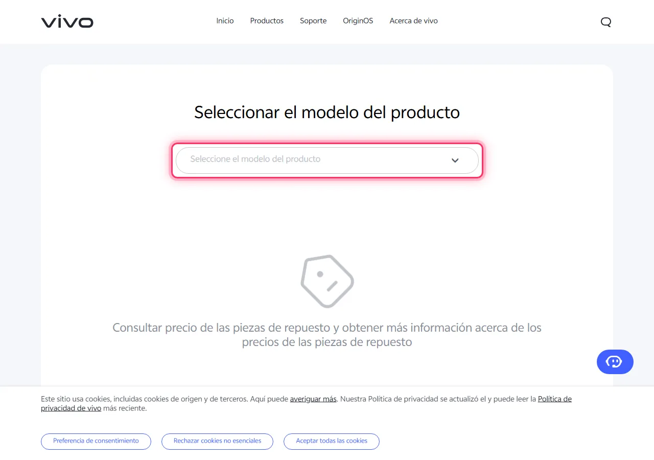 Vivo official spare parts page with the "Please select the product model" dropdown highlighted to show where to tap
