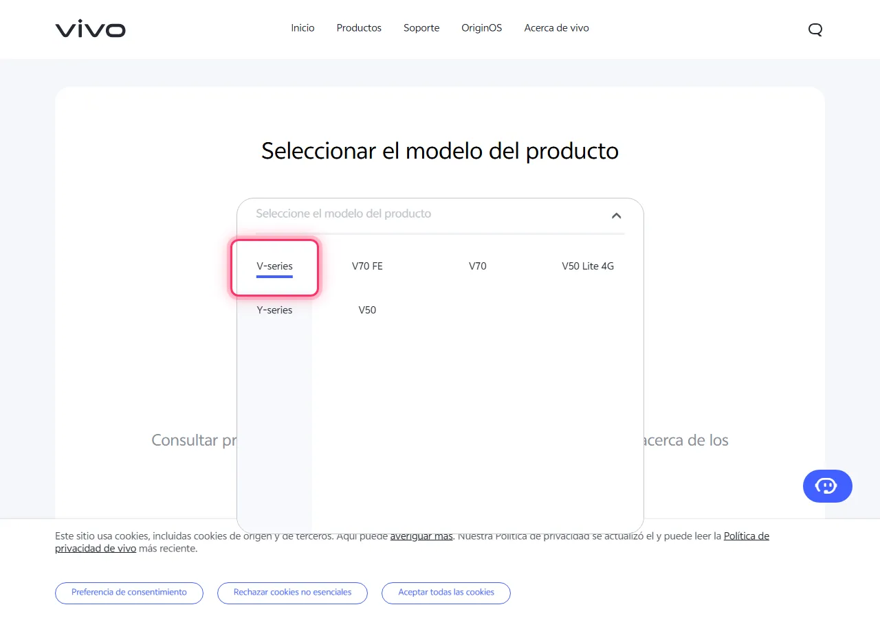 Vivo model picker dropdown open, with the target series highlighted to show where to tap