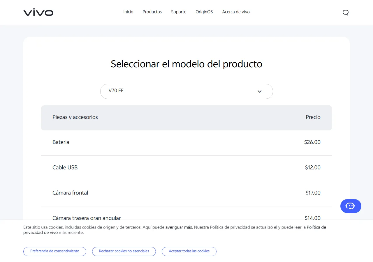 Official spare parts price table showing part names and maximum retail prices for the selected model